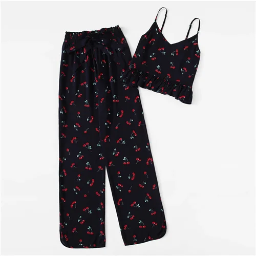 Dotfashion, темно-синий, с принтом вишни, с рюшами, на бретельках и штанах, пижамный комплект, сексуальная пижама для женщин,, Летняя Повседневная Домашняя одежда, кавайное ночное белье - Цвет: Navy