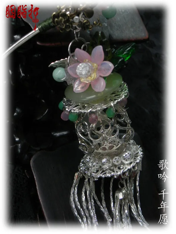 Jadite Посеребренная Цветочная корзина китайская Нефритовая Ruyi палочка для волос