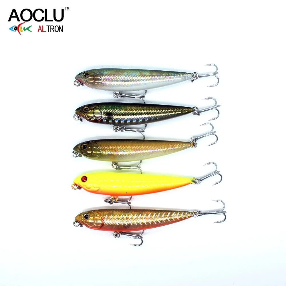 AOCLU Wobblers Super Quality 5 Colors 60mm 105mm Wencil Hard Bait Popper Stick Fishing Lures Bass Fresh Salt Water 10# VMC Hooks