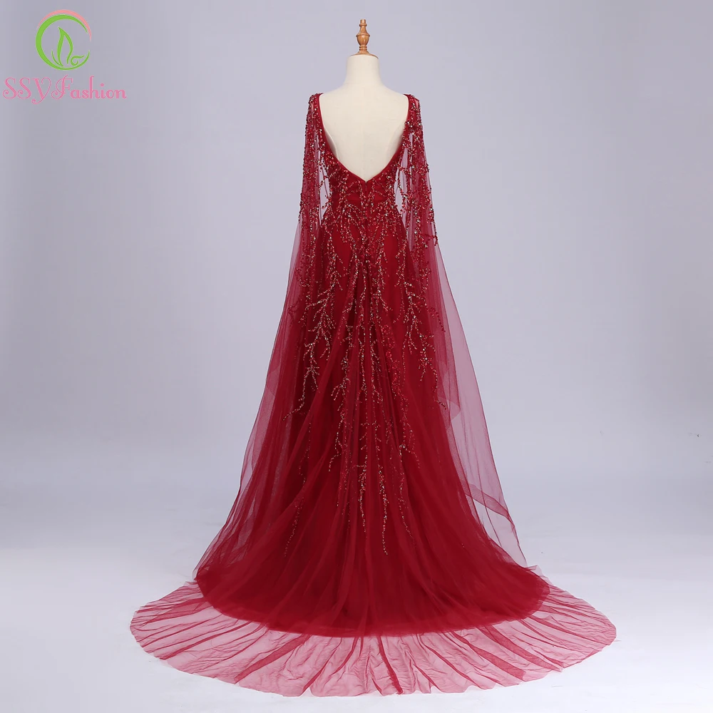 SSYFashion, новое роскошное вечернее платье для банкета, высококачественное, винно-красное, расшитое блестками, с коротким шлейфом, вечернее платье для выпускного вечера, Robe De Soiree