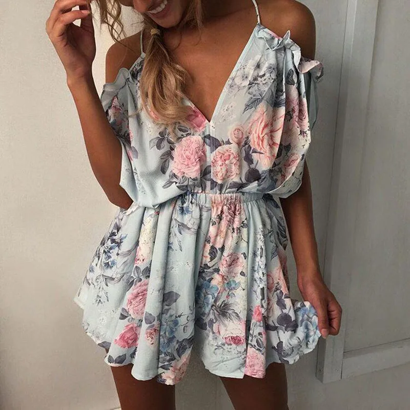 Floral V-Neck jumpsuit women romper summer backless bandage loose lady Shorts beach lace up coveralls female frock | Женская одежда