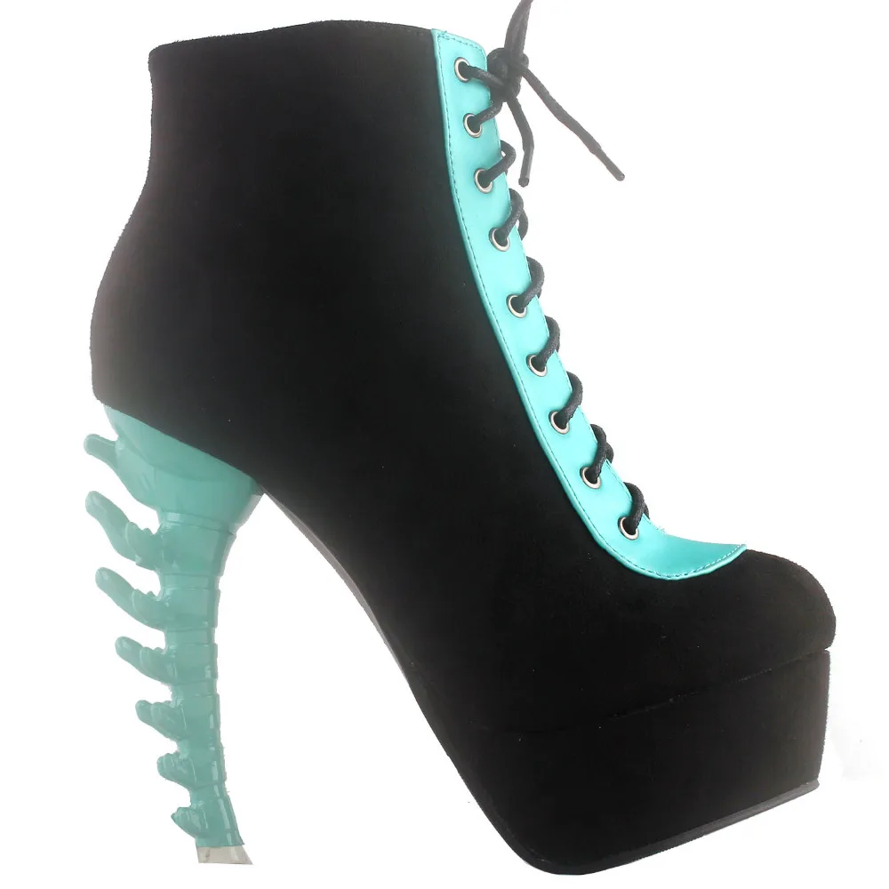 

LF80669 SHOW STORY Punk Black Aqua Two Tone Lace Up Zip High-top Bone Platform Ankle Boots