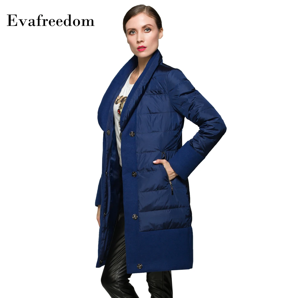 Европейские женские зимние однотонные синие шерстяные Лоскутные Длинные парки