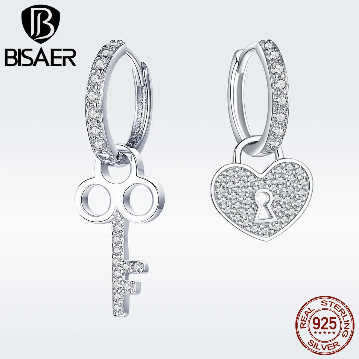 BISAER 925 пробы серебро замочек в виде сердца и ключ любовь серьги для Для женщин с