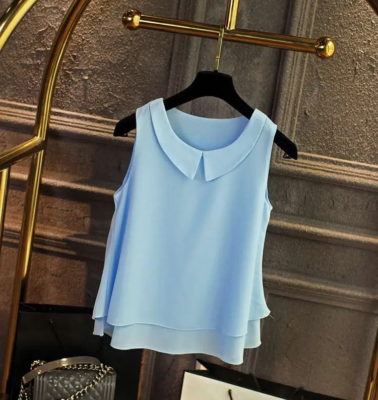 Light blue Летняя Новинка размера плюс шифоновая блузка для женщин топы и блузки двухслойный воротник без рукавов Femme Blusas Femininas - Цвет: Light blue