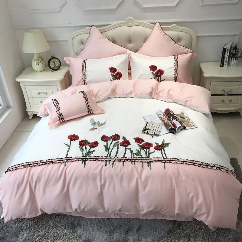 

4/6/7Pcs Egypt cotton Embroidered Flowers and birds luxury Bedding Set lace Duvet cover set Bedsheet Pillowcases Queen King Size