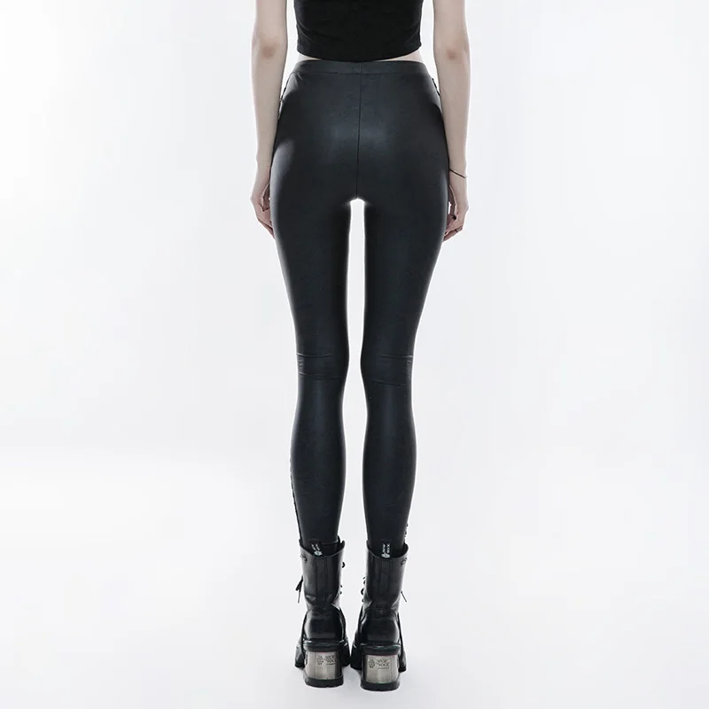 Gothic Skull Embroidered Sexy Leggings Waist Rubber Band Legs Tied Rope Elastic PU Leather Knitted pants PUNK RAVE WK-293DDF | Женская