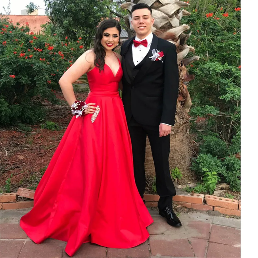Vestido De Festa 2020 Sexy A-line V neck Prom Dresses Long Beaded Formal Evening Gowns Party Dress with Pockets Custom Made | Свадьбы и