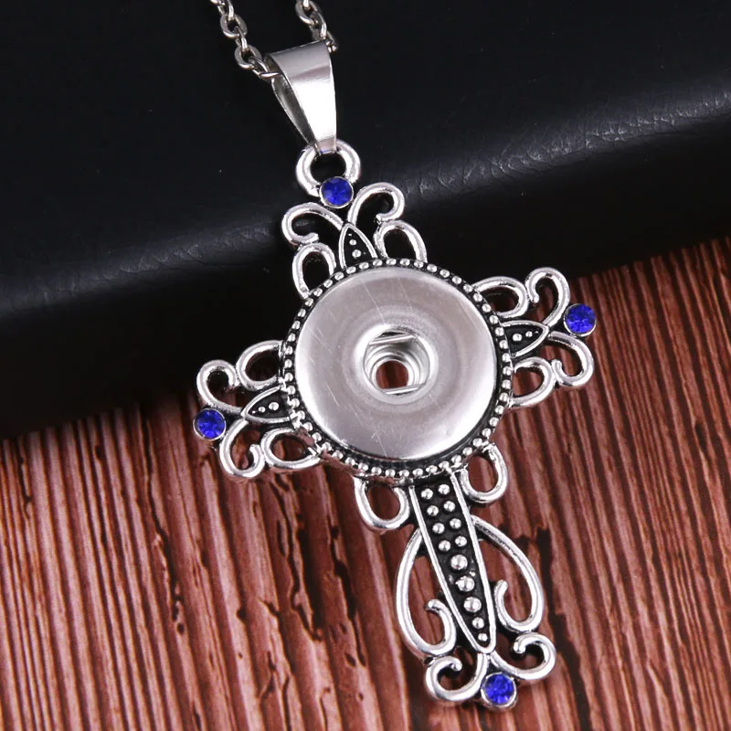 Vintage Snaps Jewelry Crystal Cross Snap Necklace Jesus Necklaces with long Chain pendant necklace fit 18mm snap 3066|Ожерелья с