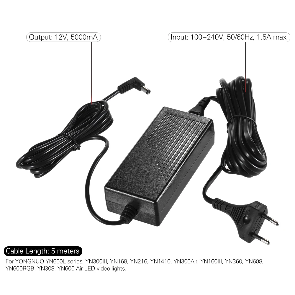 Светодиодная лампа для видеосъемки YONGNUO 12V 5A AC Мощность адаптер Зарядное