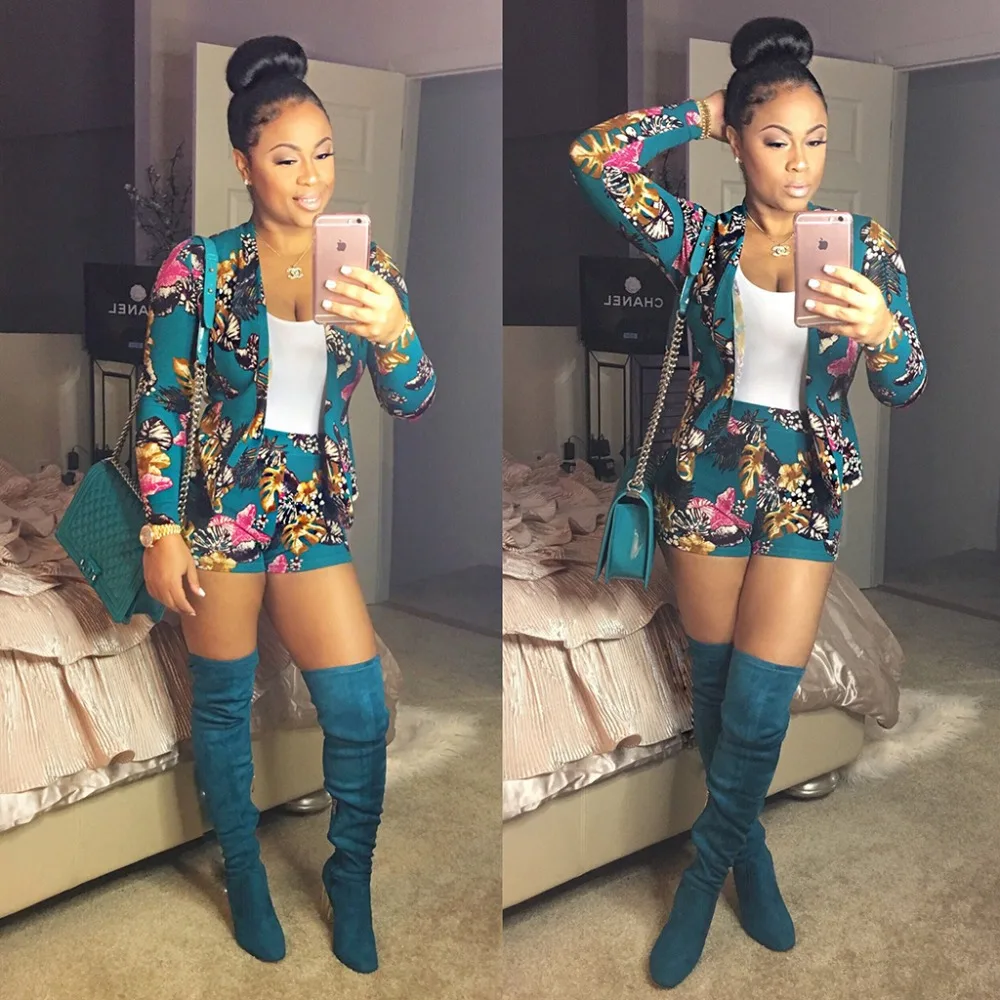 2018 women two pieces shorts set Spring Autumn long sleeve print Western outfits elastic waist girls suit sets QM-TE3112 | Женская