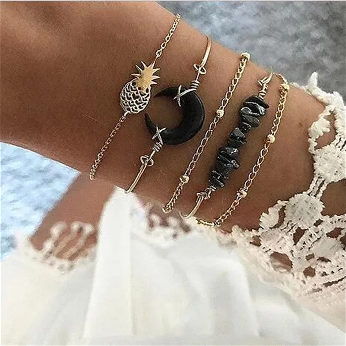 Boho Ретро Геометрические многоэлементные Гламурные модные ювелирные изделия для женщин ракушка Морская звезда чешуя браслет; Комплект бижутерии - Окраска металла: BA-0016-BA-0001-4