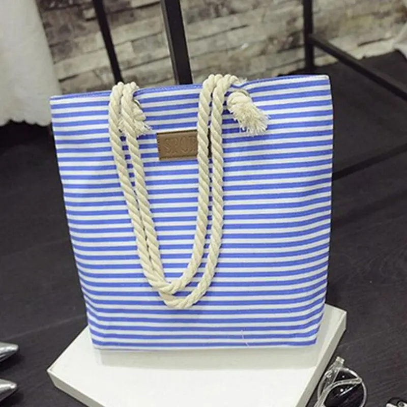 Новый Досуг Холст Shopper Bag Полосатый Печать Пляжные Сумки Tote Женщины Дамы сумка
