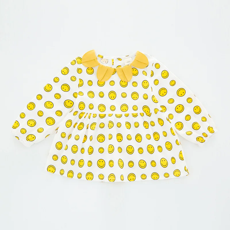 Baby Girls Dress Smiley Face Printed Petal Collar Full Cotton 2018 New Autumn For 1-5 Years Children's Dresse | Детская одежда и