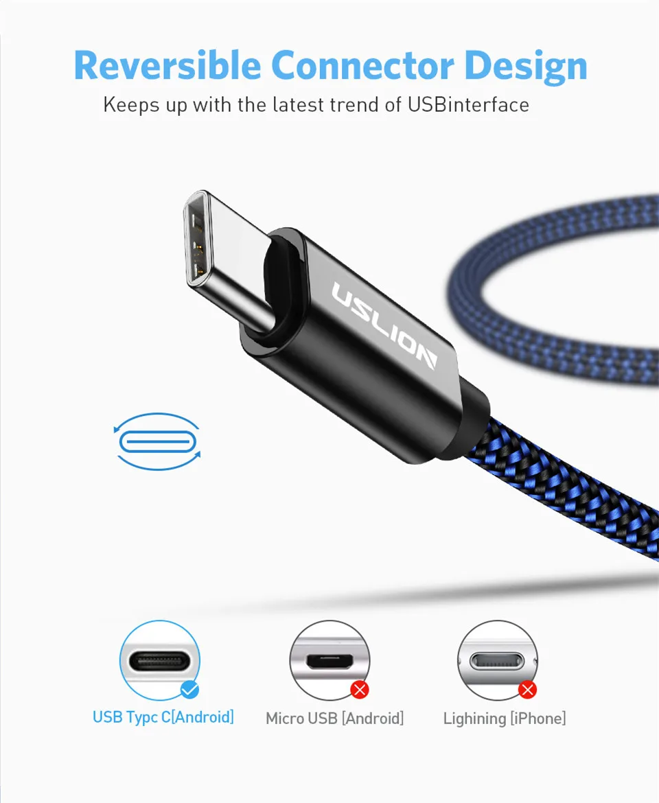 USLION usb type C кабель 2.4A кабель передачи данных для быстрой зарядки для Xiaomi 8 huawei P20 Pro samsung S8 S9 0,3 m/1 m type-c USB Кабель зарядного устройства
