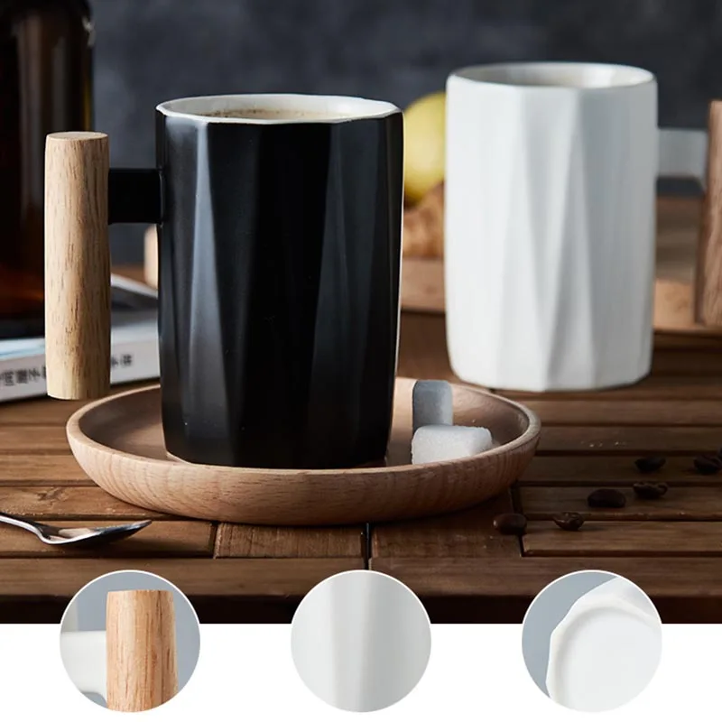 

360 ml Japanese Style Wooden Handgrip Coffee Mug Brief Ceramic Breakfast Coffee Cup High Capacity Milk Tea Water Mugs Drinkware