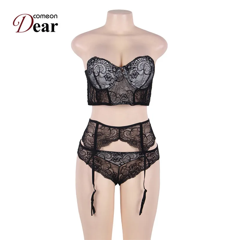 Comeondear A80457 Женский комплект из 3 предметов размера плюс, сексуальный комплект нижнего белья с чулками, кружевной комплект Conjunto Lenceria Encaje Jartiyer Set
