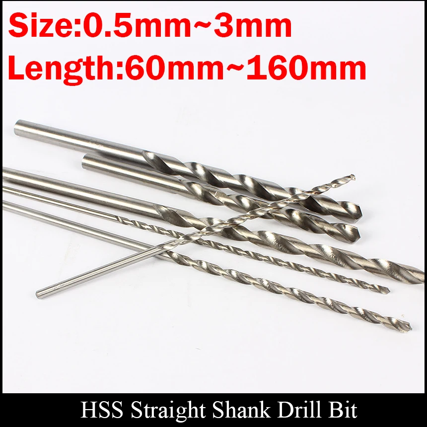

0.5mm 0.6mm 0.7mm 0.8mm 0.9mm 1mm 100mm Extra Long Plastic Metal Wood AL High Speed Steel HSS Straight Shank Twist Drill Bit
