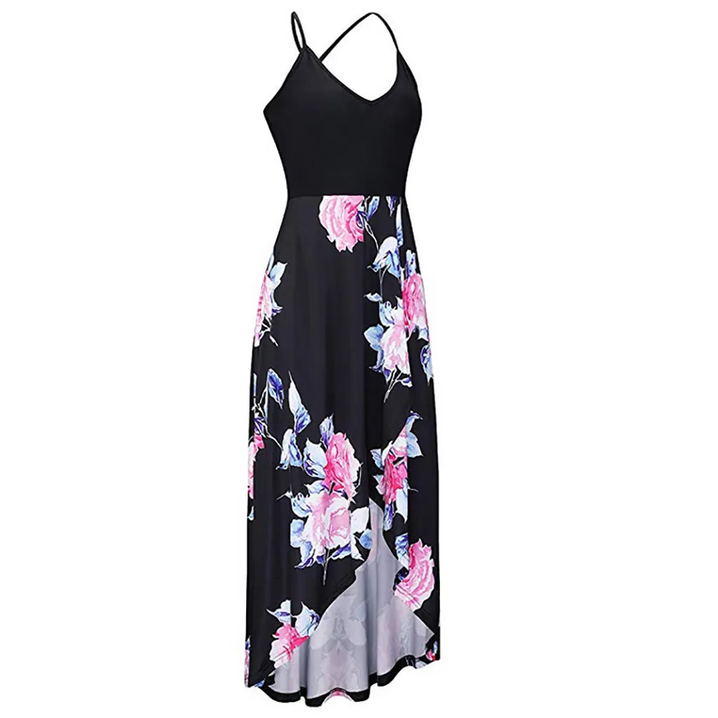 Платье женское повседневное длинное без рукавов с открытой спиной и цветочным