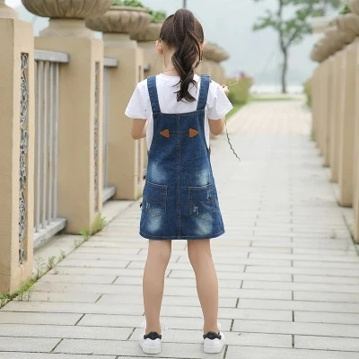 Spring girls clothes autumn girl suspender dress children denim removable strap kid sleeveless 12 14 15 Years | Детская одежда и