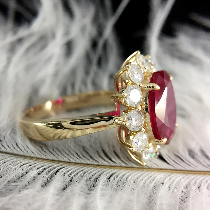 Genuine Woman Engagement Rings 8x10mm Lab Ruby with Moissanite Jewelry Solid 14K Yellow Gold Ring Classic Lady | Украшения и
