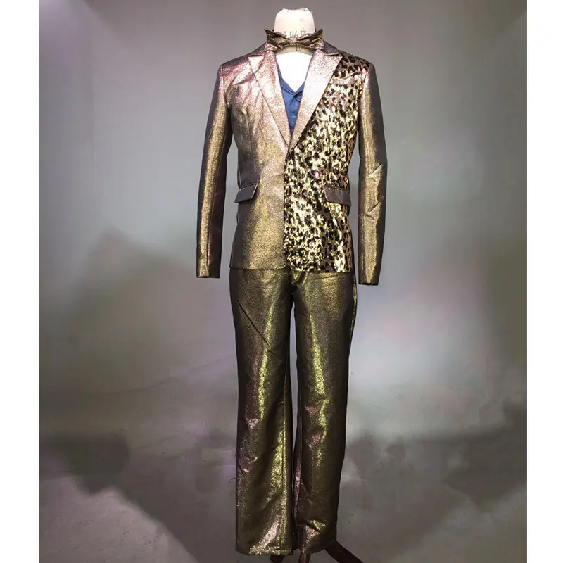 

Golden leopard stitching sequins 3 Piece Stage Suit(Jacket+Pants+Tie) Men Bullfight Dance Jazz dance Singer Suit Blazer