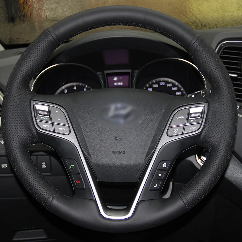 Чехол для руля Hyundai Santa Fe 2013 2015 из блестящей черной кожи с ручной строчкой|leather steering