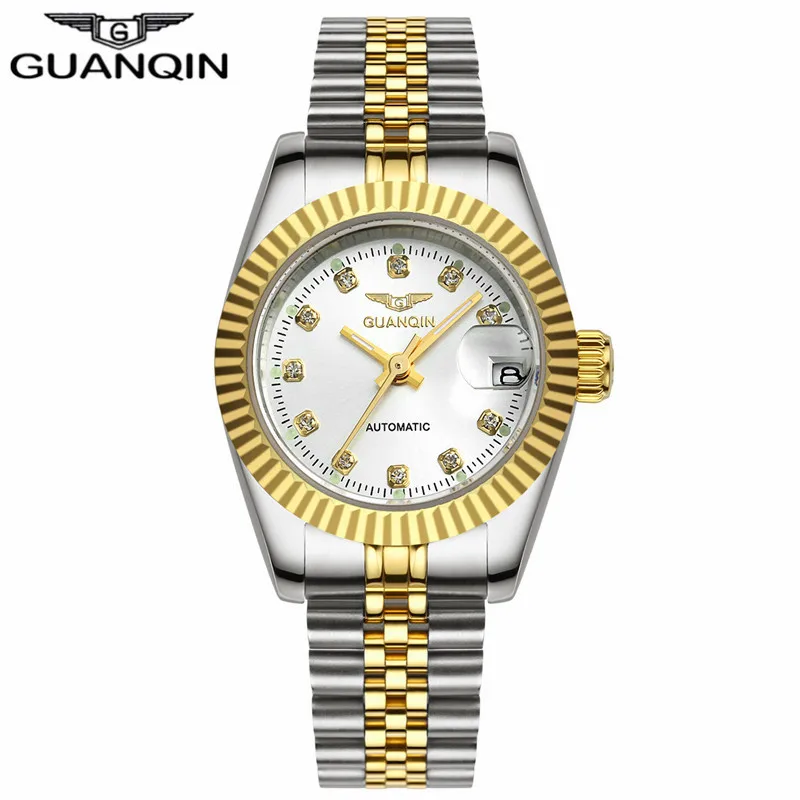 Gold White Women GUANQIN механические часы Роскошные автоматические часы мужские Лидирующий бренд автоматические часы с ветром дата золотые водонепроницаемые наручные часы - Цвет: Gold White Women