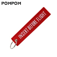 pompom insert before flight keychain for motorcycles and cars embroidery oem red keychian size13x2 8cm key tag llaveros jewelry