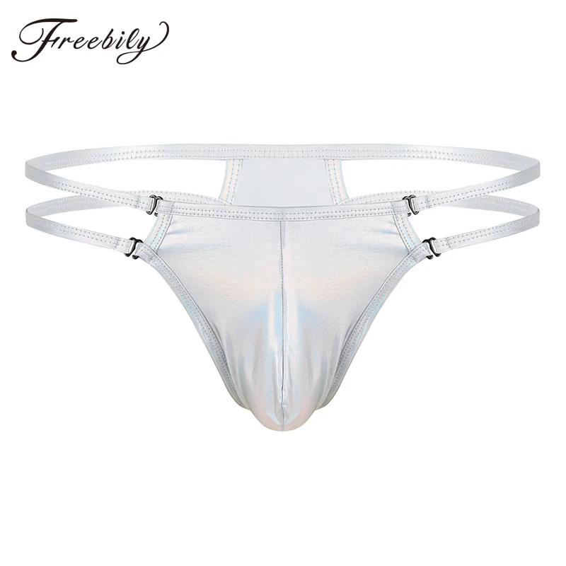 

Mens Shiny Metallic Lingerie Gay Sexy Panties Low Rise Bulge Pouch T-Back Jockstrap Bikini Thongs Male Underwears Underpants
