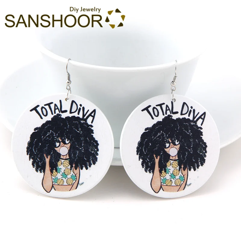 Женские деревянные серьги подвески SANSHOOR с принтом TOTAL DIVA афроцентрические черные