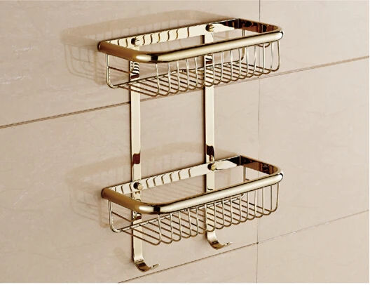 

Top quality brass gold double tiers bathroom Corner shelves with robe hook basket holder bathroom soap holder bath shampoo shelf