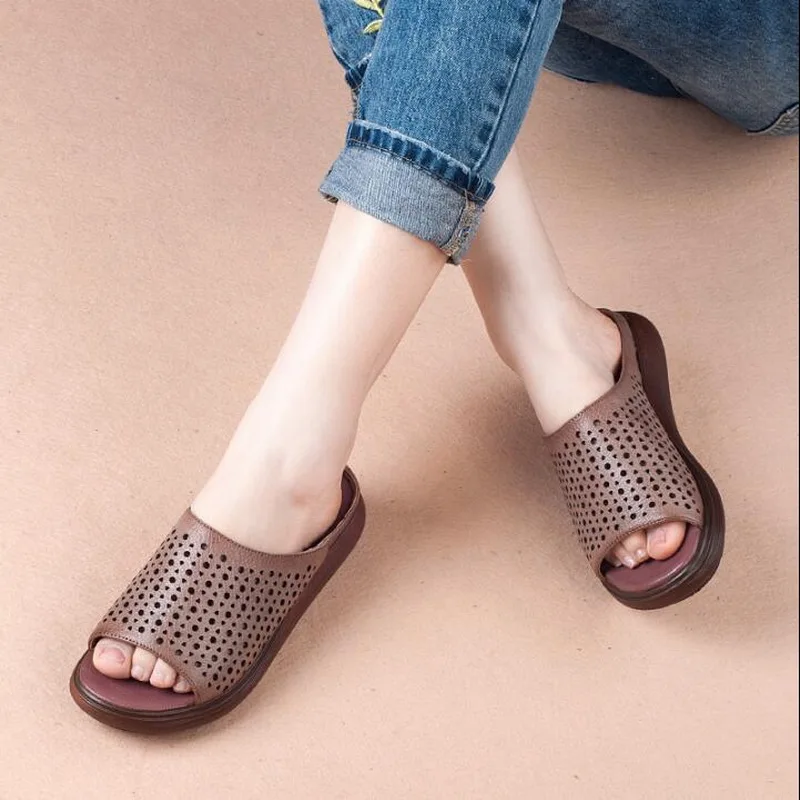 

RUSHIMAN Handmade Genuine Leather Women Wedge Sandals women slippers Women Comfortable Summer Shoes