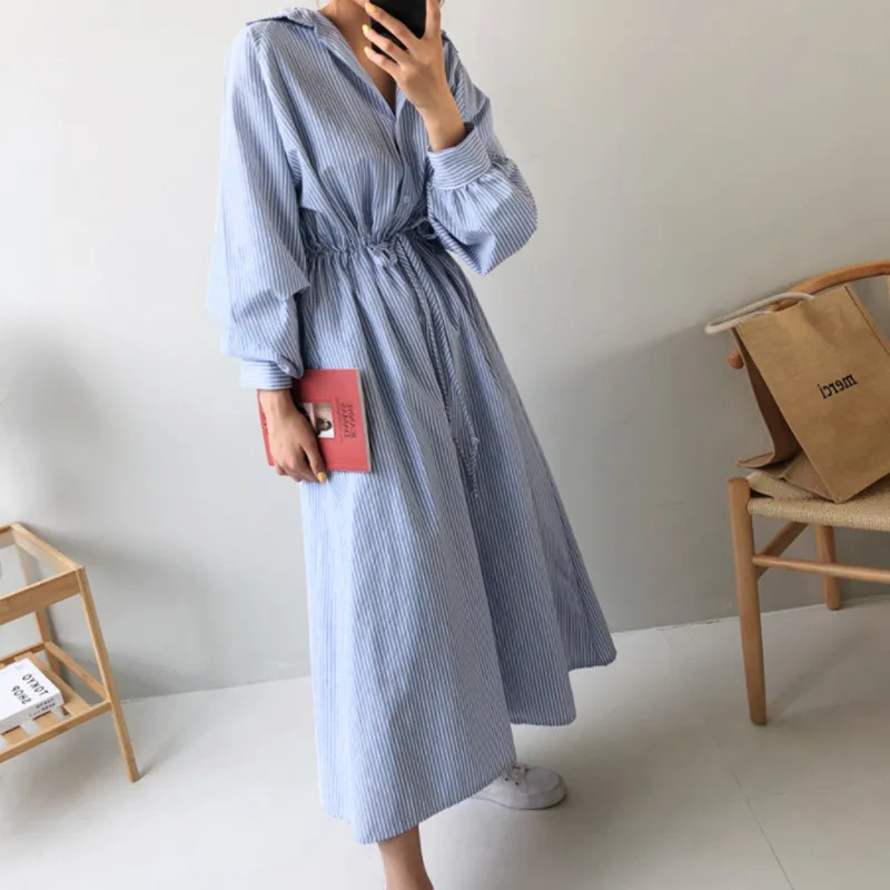 LANMREM 2020 Summer New Fashion Temperament Women Loose Plus Casual Stripes Over The Knee Tie Bow Dress TC204 | Женская одежда