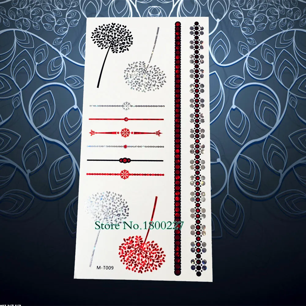 Красный металлик Временные татуировки Одуванчик конструкции серебро поддельные