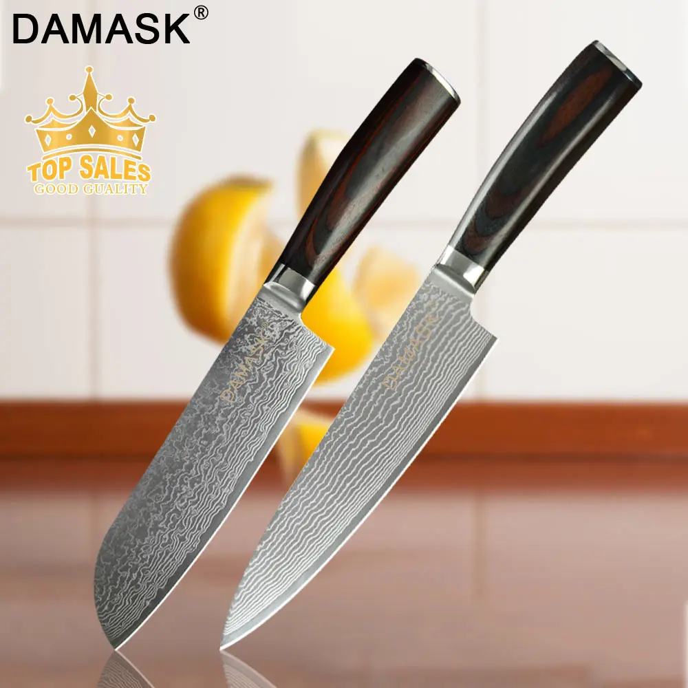 A 2 PCS Набор кухонных ножей Damask " шеф-повара 8" нарезка " сантоку 7" разделка Профессиональные Кухонные ножи Япония Дамасская сталь рыба и нож для мяса - Цвет: A 2 PCS