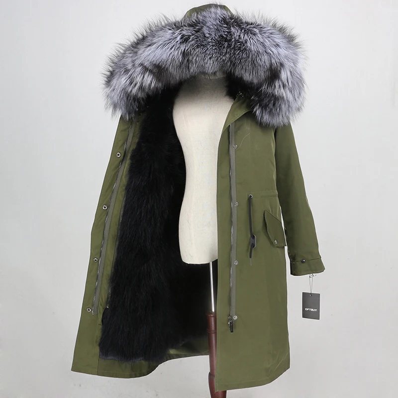 green black silver OFTBUY, водонепроницаемая верхняя одежда, парка, зимняя куртка, Женское пальто с натуральным мехом, Воротник из меха серебристой лисы, капюшон, натуральный мех кролика, подкладка, теплая - Цвет: green black silver