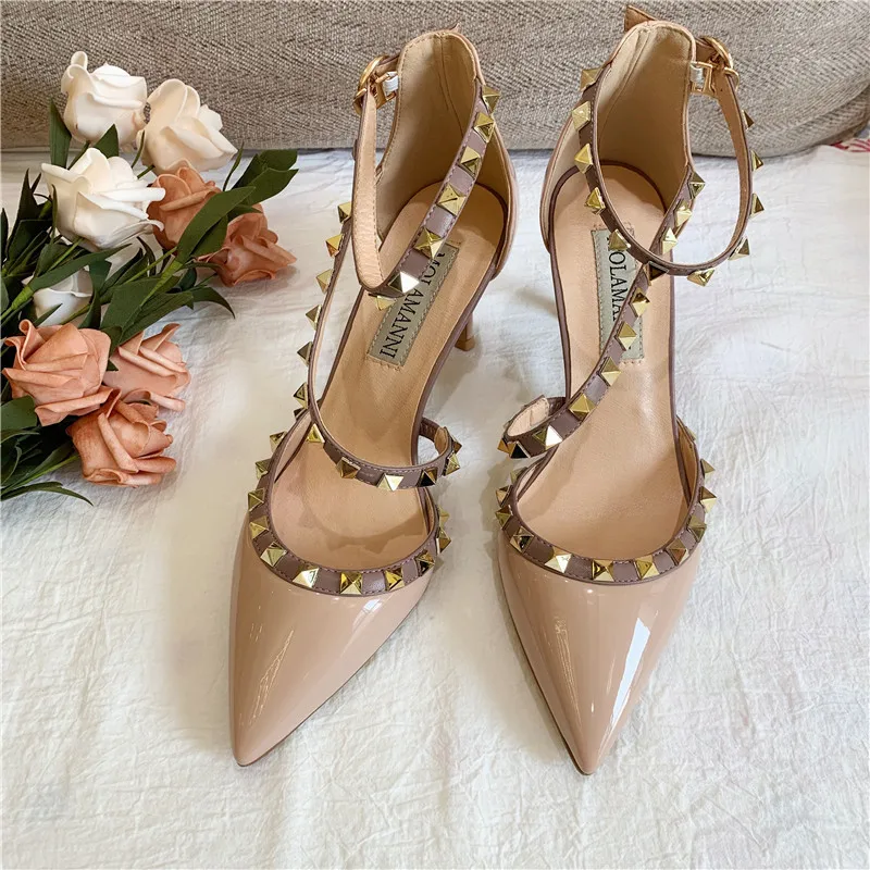 

Free shipping fashion women Pumps brand new Casual Designer nude patent leather studded spikes strappy point toe high heels
