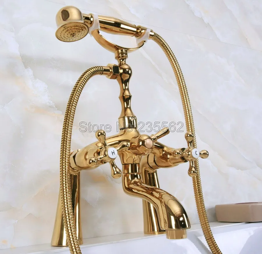 

Golden Brass Bathroom Deck Mount Clawfoot Bath Tub Faucet W/ Handshower lna145