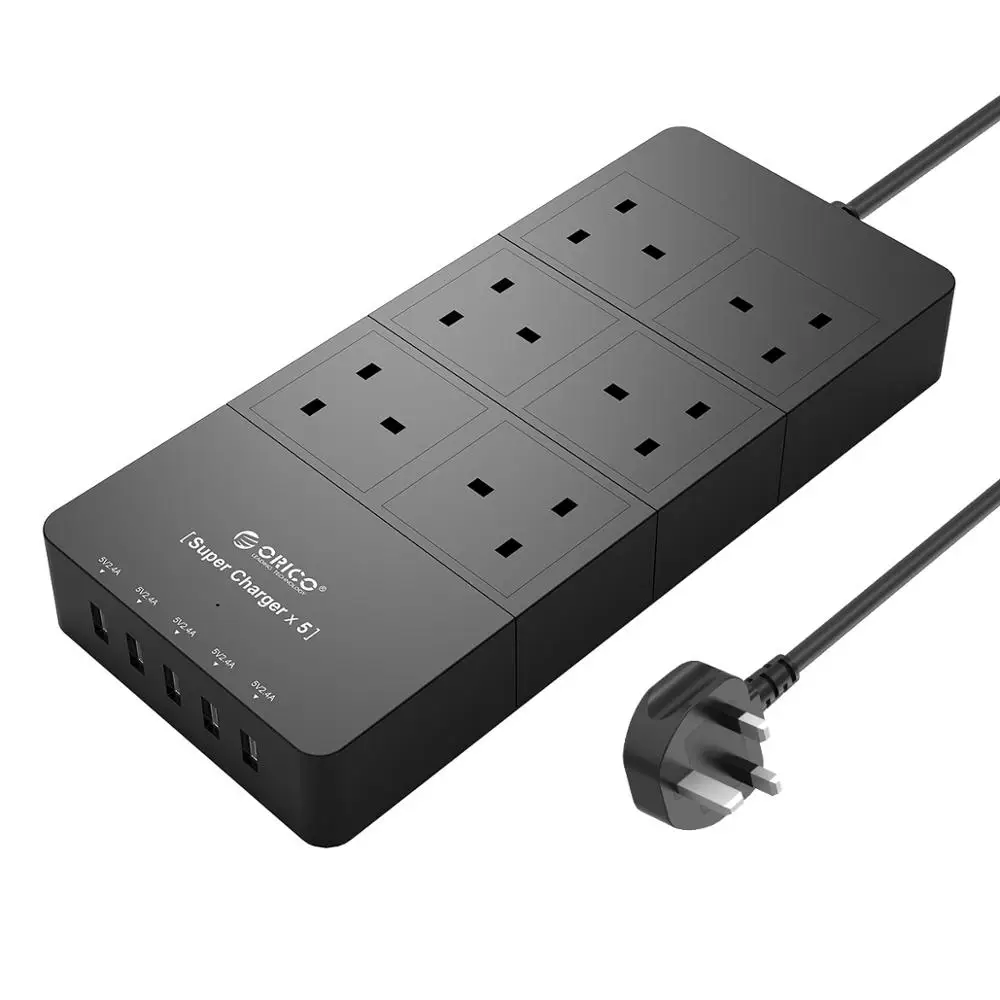 6 Ports AC Black ORICO HPC-4A5U-UK-WH, для дома, офиса, Великобритания, вилка, USB, зарядное устройство, адаптер с 6 розетками, сетевой фильтр, 5 футов, шнур питания - Тип штекера: 6 Ports AC Black