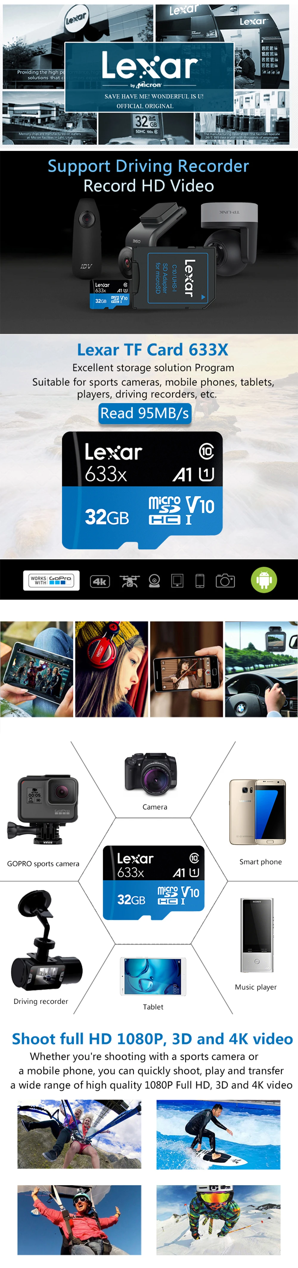 Lexar 633X Micro SD высокоскоростная карта 95 м/с 128 Гб 64 ГБ 32 ГБ 256 ГБ 512 ГБ карта флэш-памяти класс 10 тарджета де memoria UHS-I 4K