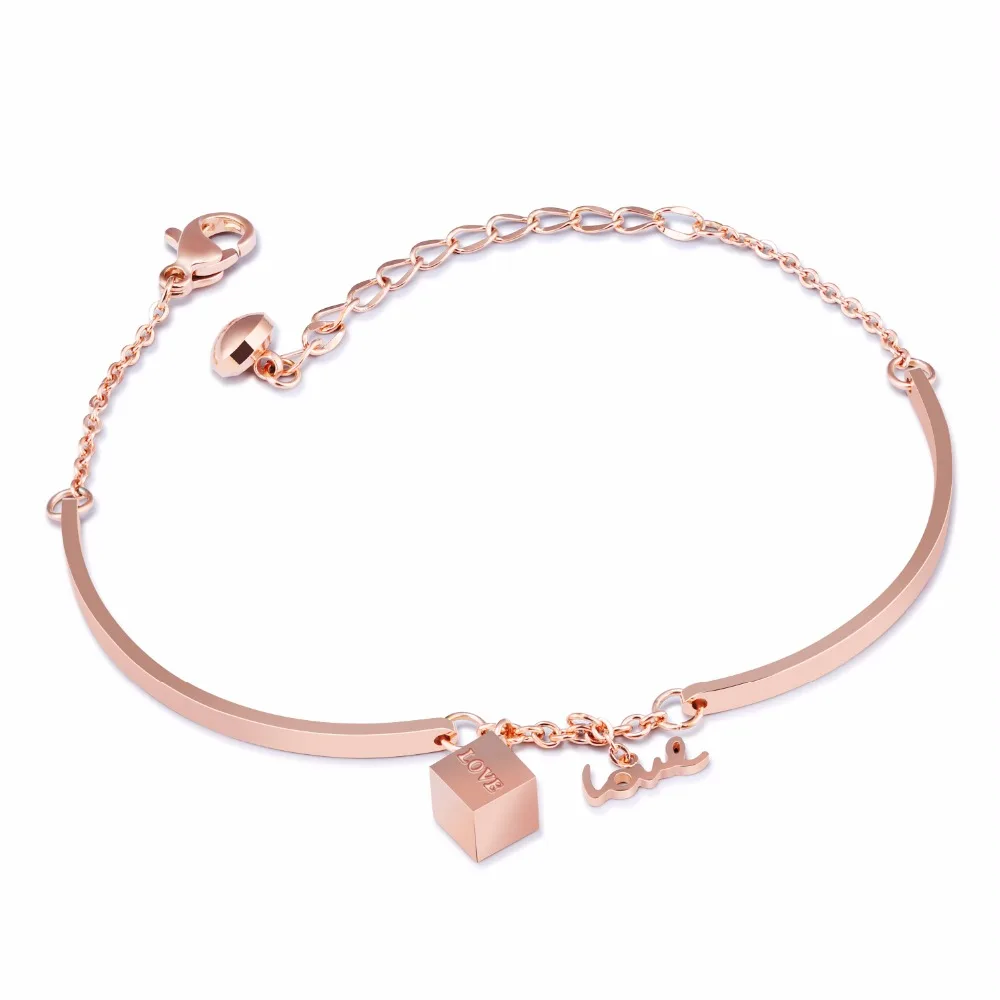 Fashion Stainless Steel Chain Bangles Bracelets For Women Love Letter &amp Cube Rose Gold Color Extended Charm Jewelry | Украшения и