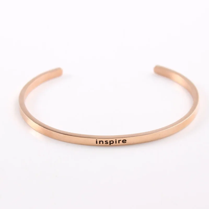 

2017 Rose Gold Color Stainless Steel Bar Engraved Positive Inspirational Quote Cuff Mantra Bracelets Bangles For Women