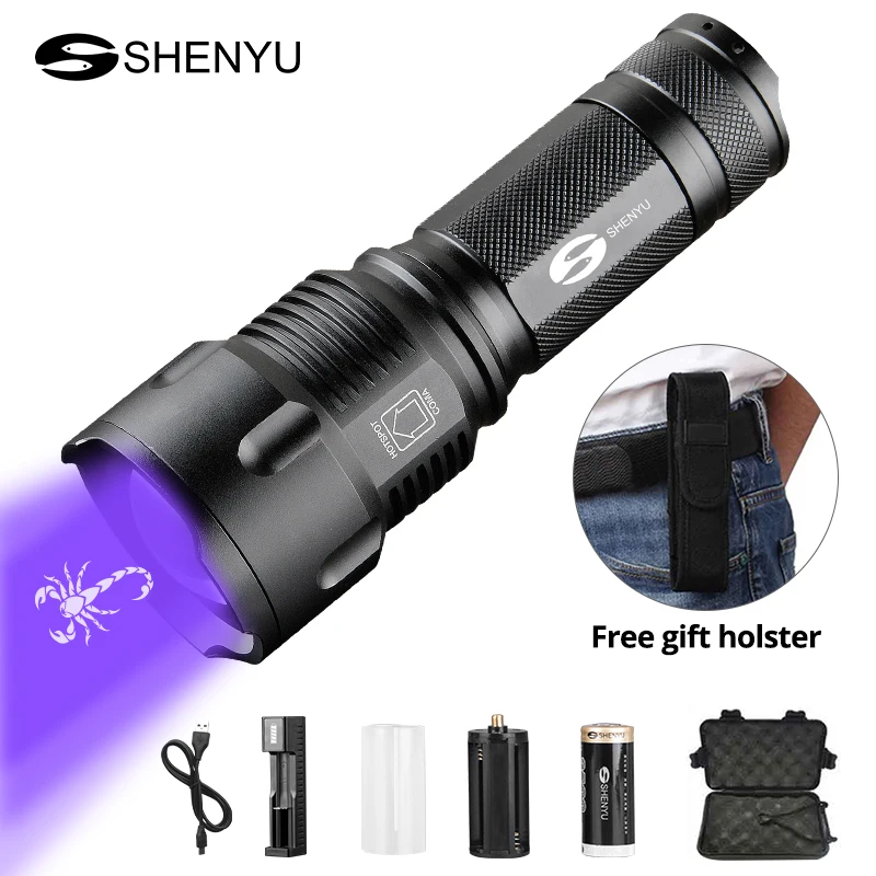 

SHENYU UV Flashlight 395nm Ultraviolet Scorpion T6 Torch Ultra Violet LED Fluorescent Lamp 26650 Zoomable Waterproof Hiking