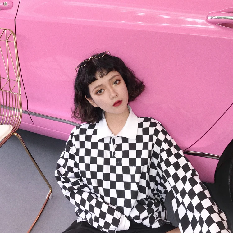 Новинка, Ulzzang Harajuku, корейский бойфренд, свободная рубашка поло с длинным рукавом, черная и белая клетчатая футболка, женские топы, футболки, одежда