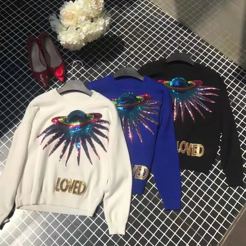 Зима 2018 свободные женские пуловеры с круглым вырезом вышивкой и блестками в виде