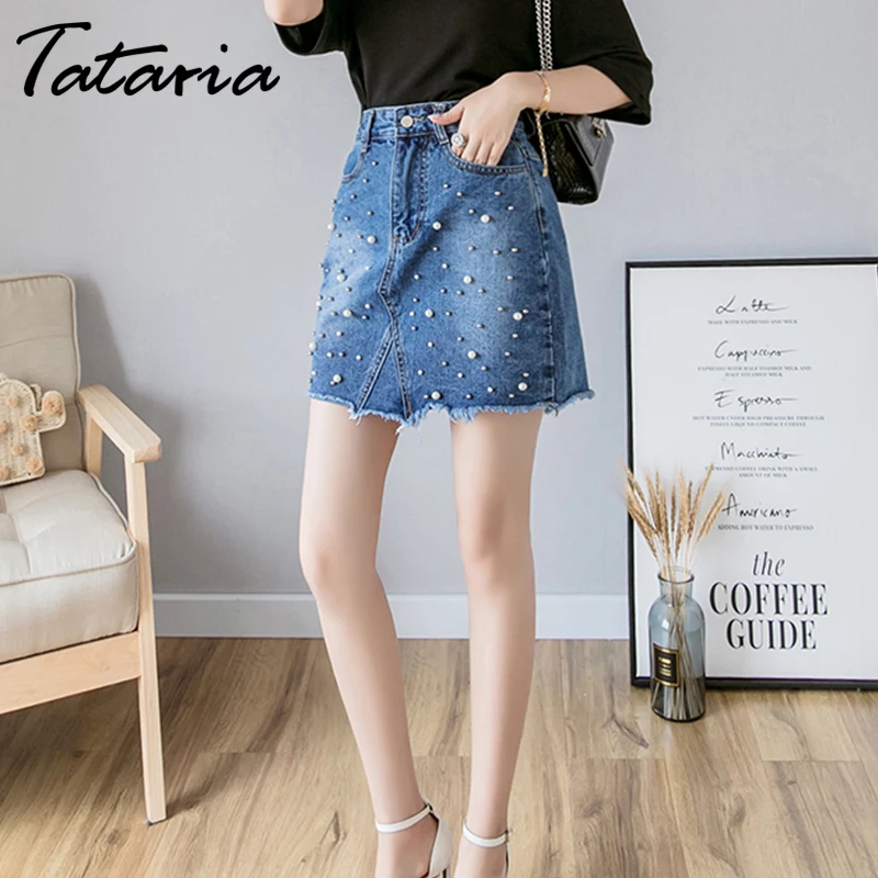 Джинсовая юбка женские рваные выше колена жемчужные бисероплетенные юбки