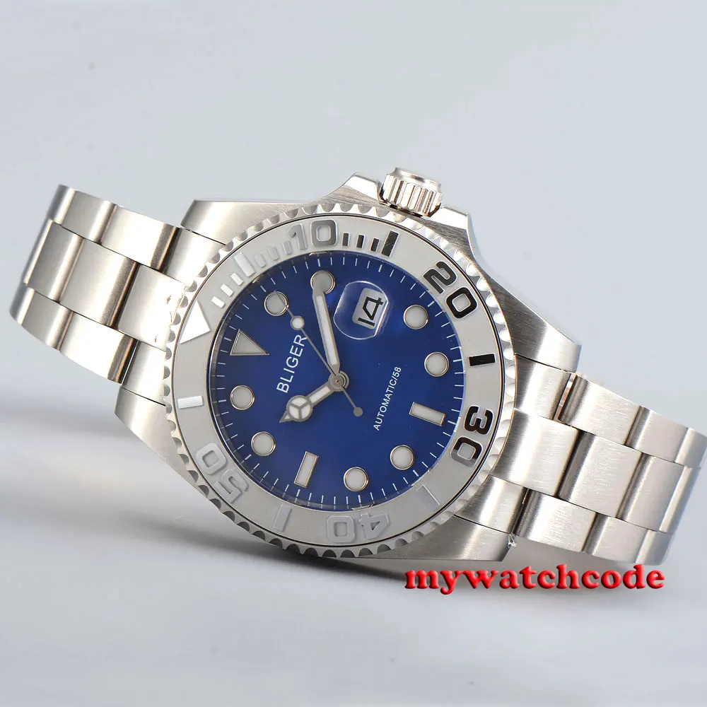 Bliger Blue Dial Date Luminous Sapphire Glass Automatic Mens Watch P29 Rotating Bezel Oyater Bracelet | Наручные часы
