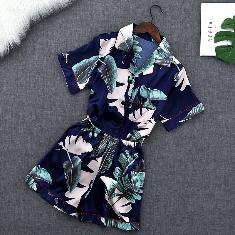 Пижама с принтом в виде листика мини ночная рубашка для женщин шелковая короткие