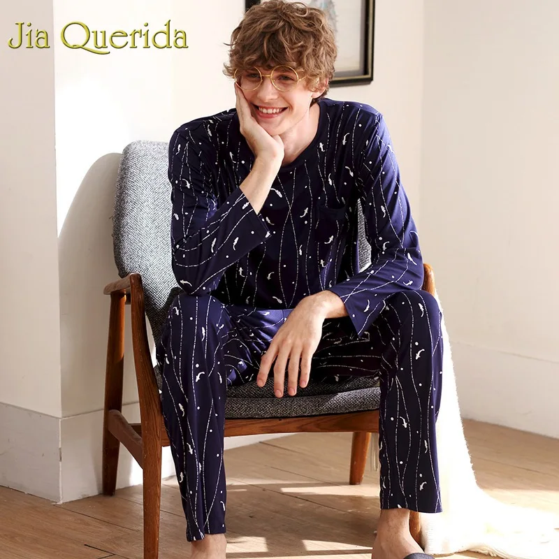 Мужская пижама J & Q модная Домашняя одежда из модала с длинным рукавом принтом